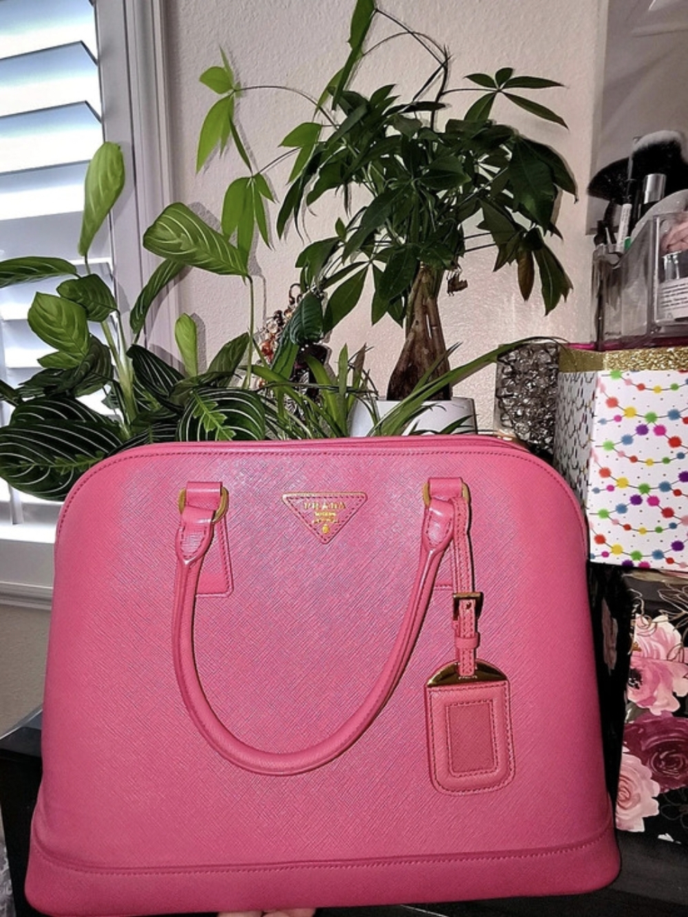 Prada Saffiano Lux Promenade Dome Bag Satchel in Pink